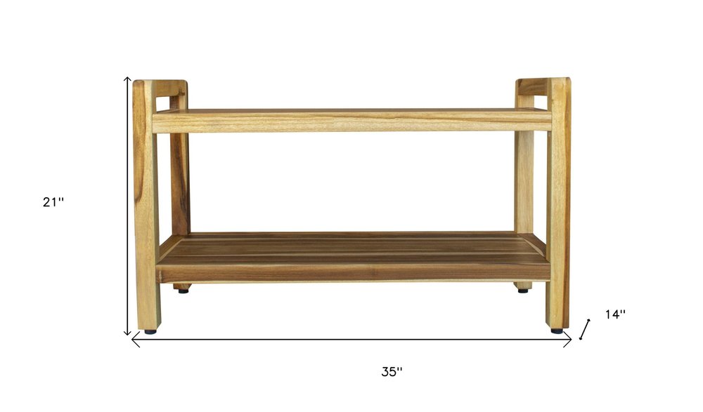 35" Natural Teak Rectangular Shower Bench With Shelf HomeRoots