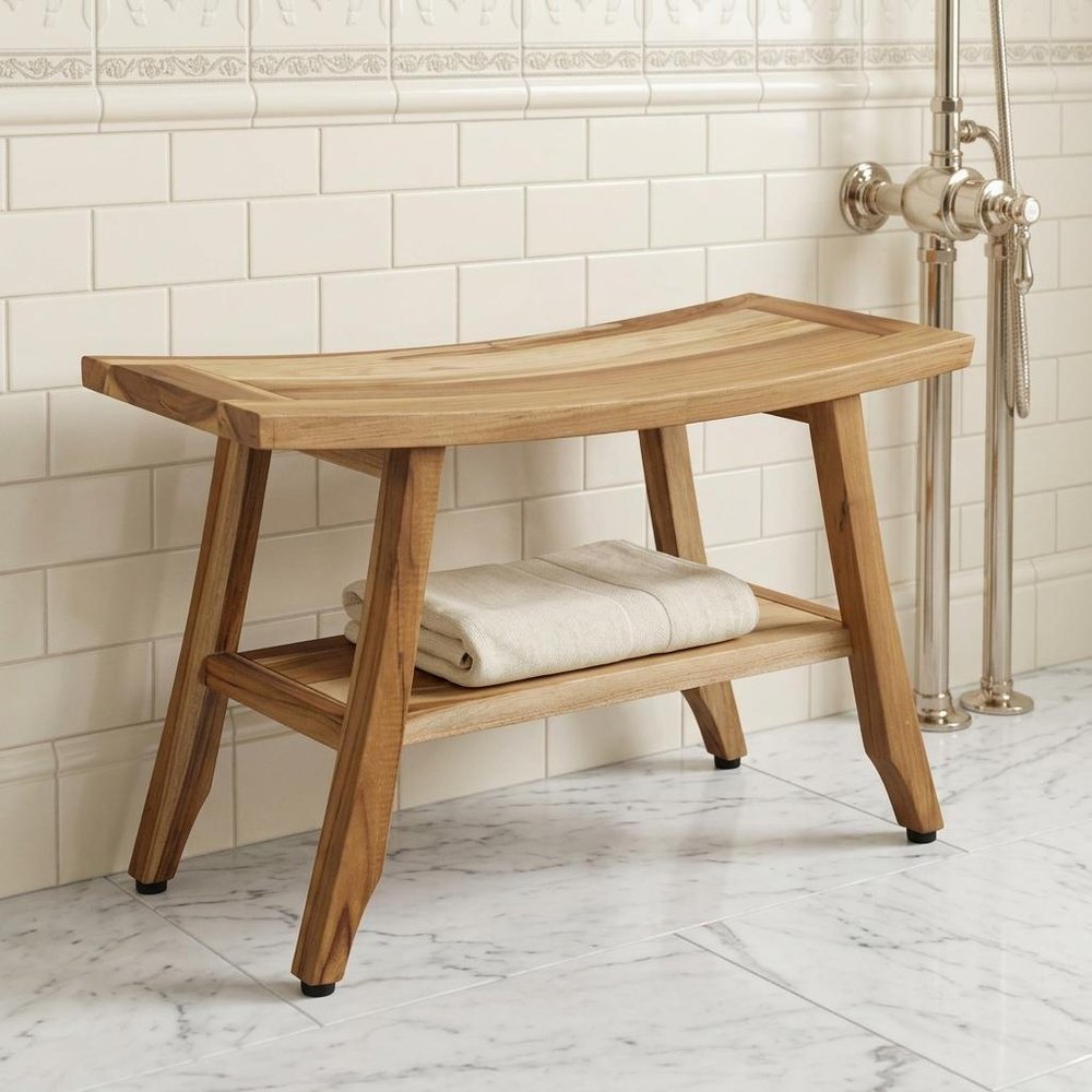 28" Natural Solid Teak Rectangular Shower Bench With Shelf HomeRoots