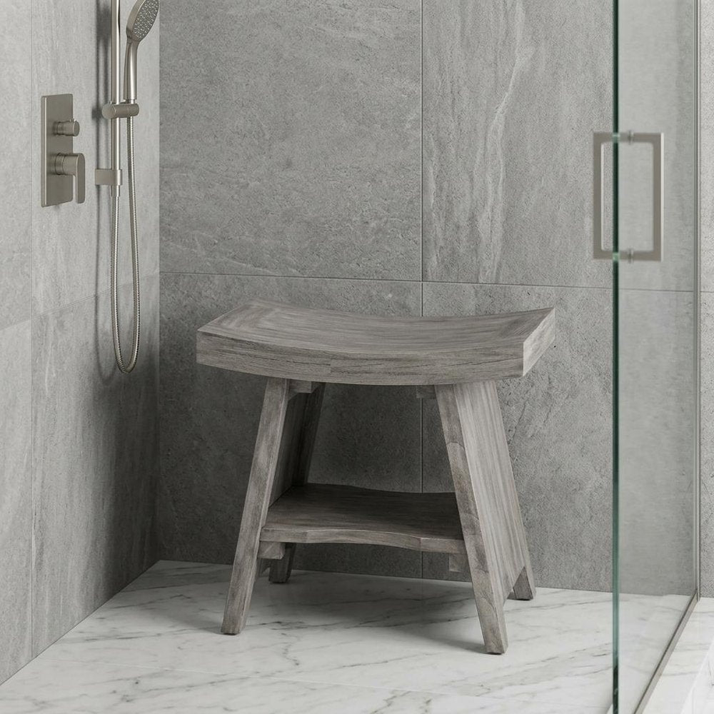 18" Gray Solid Wood Rectangular Shower Bench With Shelf HomeRoots