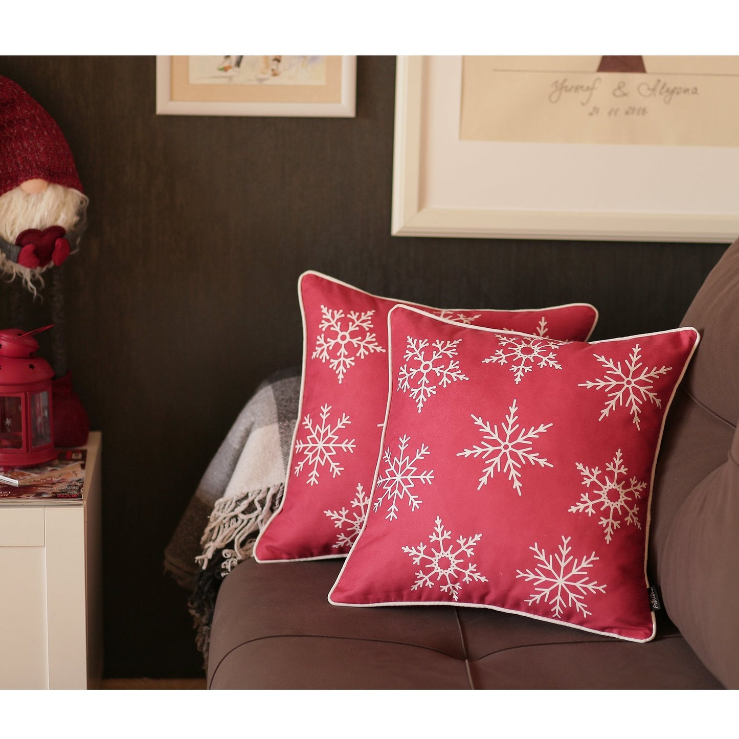 Set Of Two Red 18" Christmas Snowflakes Throw Pillow Covers FurniFindUSA