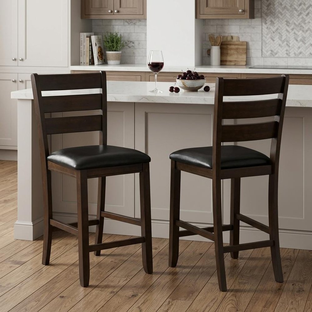 Set of Two 41" Black And Brown Faux Leather And Solid Wood Counter Height Bar Chairs HomeRoots