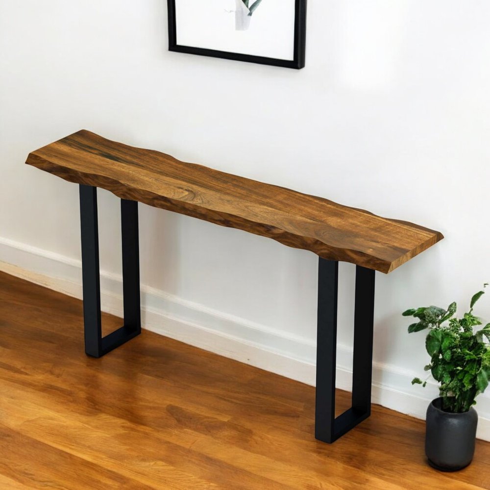 69" Brown and Black Solid Wood Distressed Sled Console Table HomeRoots