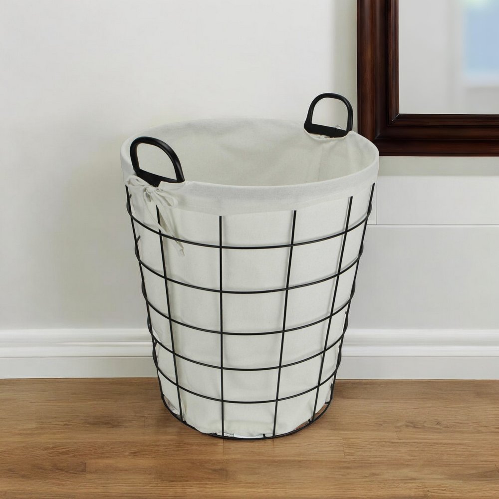 Large White Fabric Lined Metal Laundry Type Basket With Handle HomeRoots