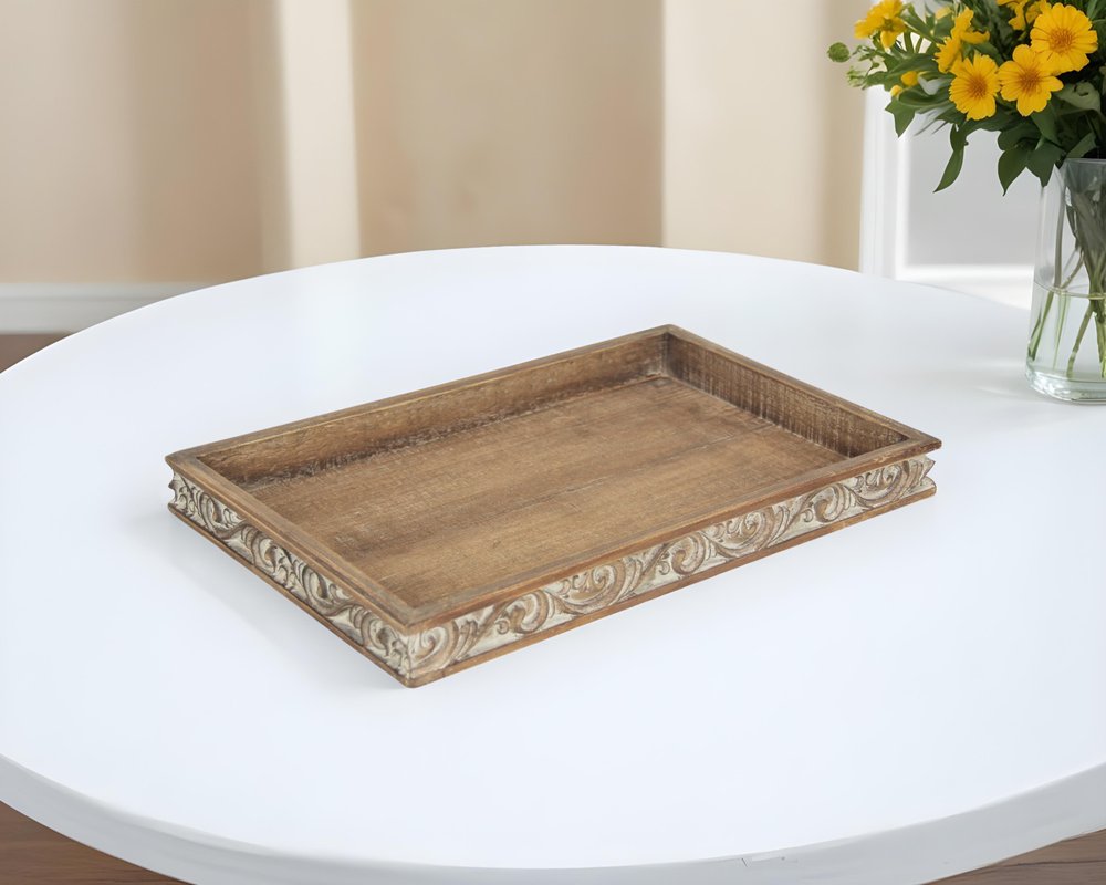 17" Brown Distressed Finish Wood Tray With Side Carvings HomeRoots