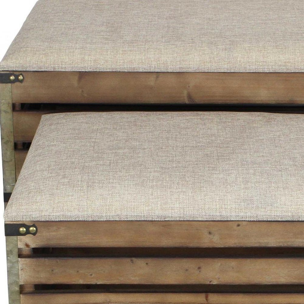 Set of Two Brown Wood Slat and Upholstery Storage Benches With Flip Top HomeRoots