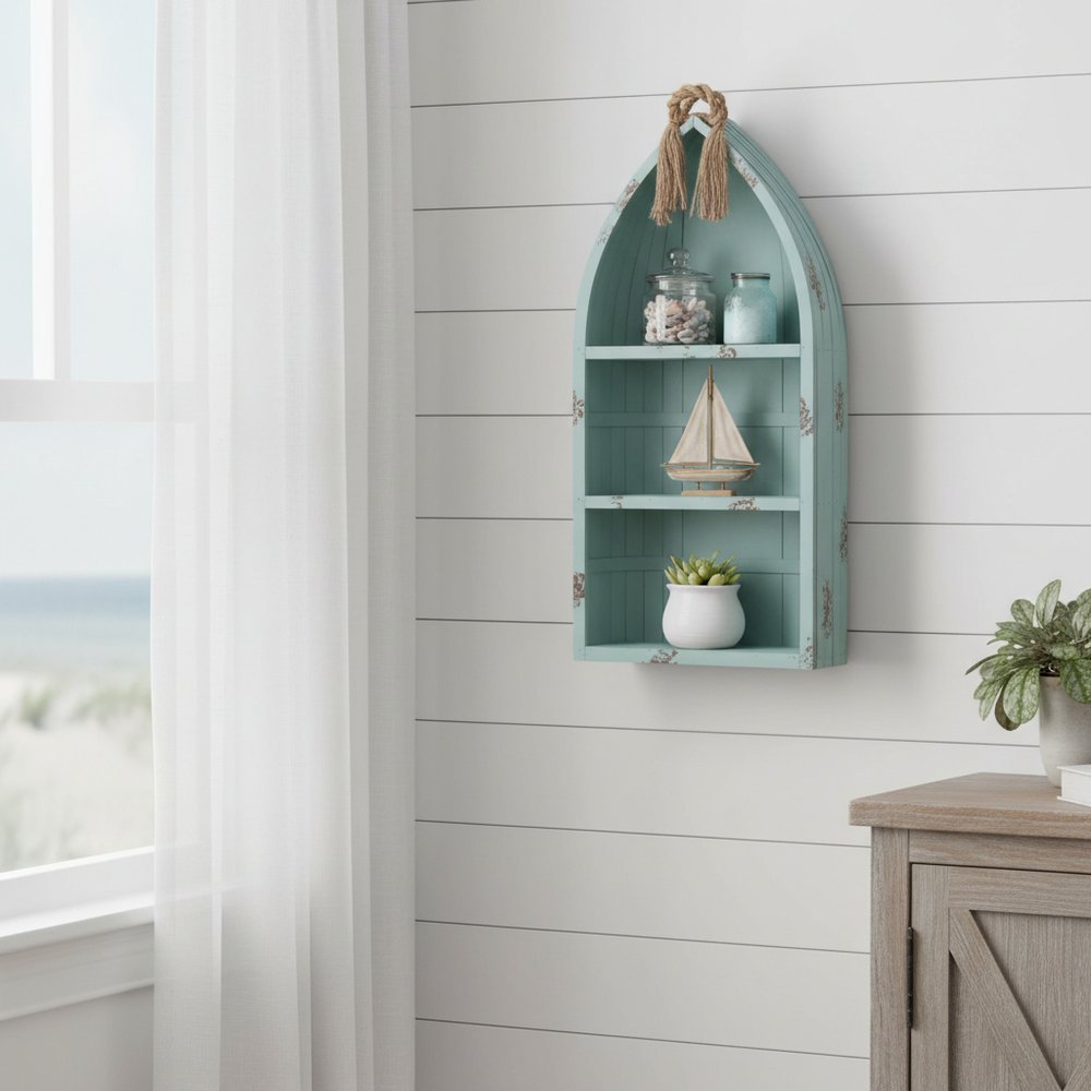 34" Aqua Blue Wood Canoe Hanging Shelf HomeRoots