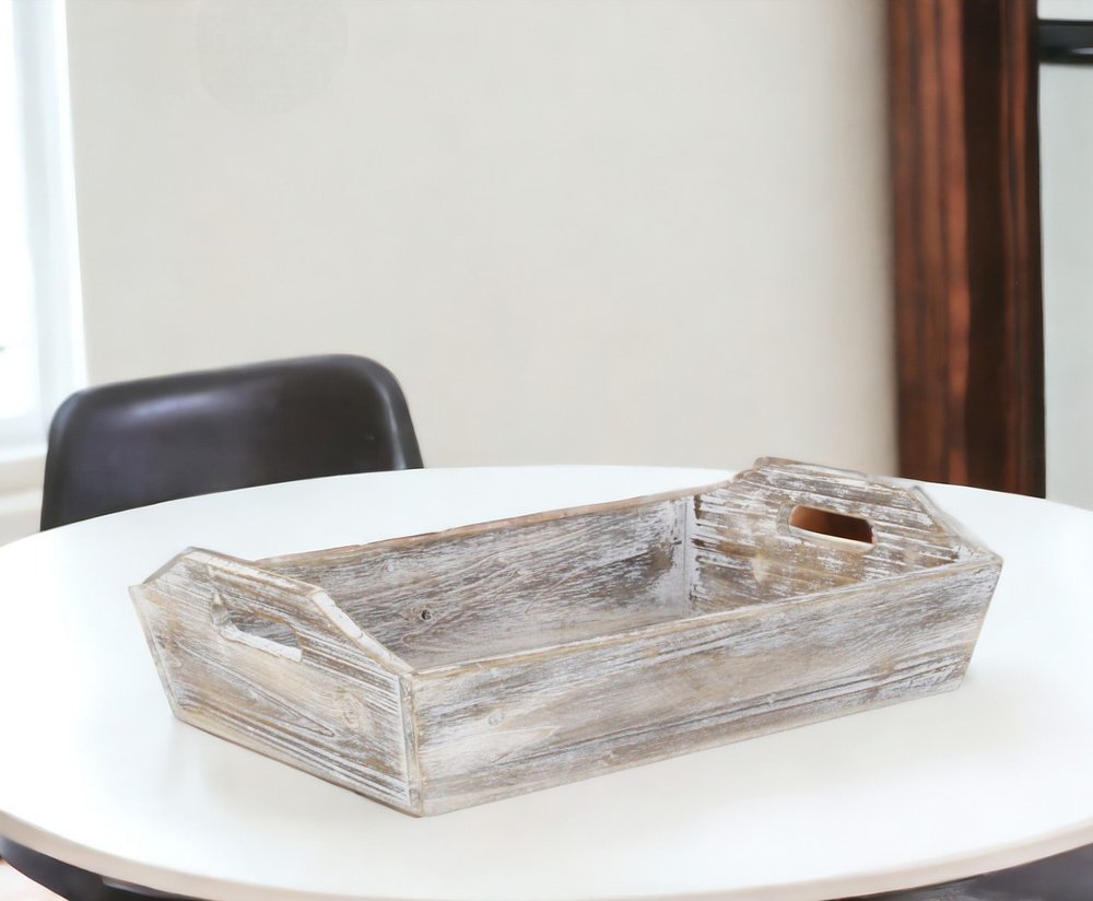 White Rustic Finish Wood Serving Tray With Handles HomeRoots