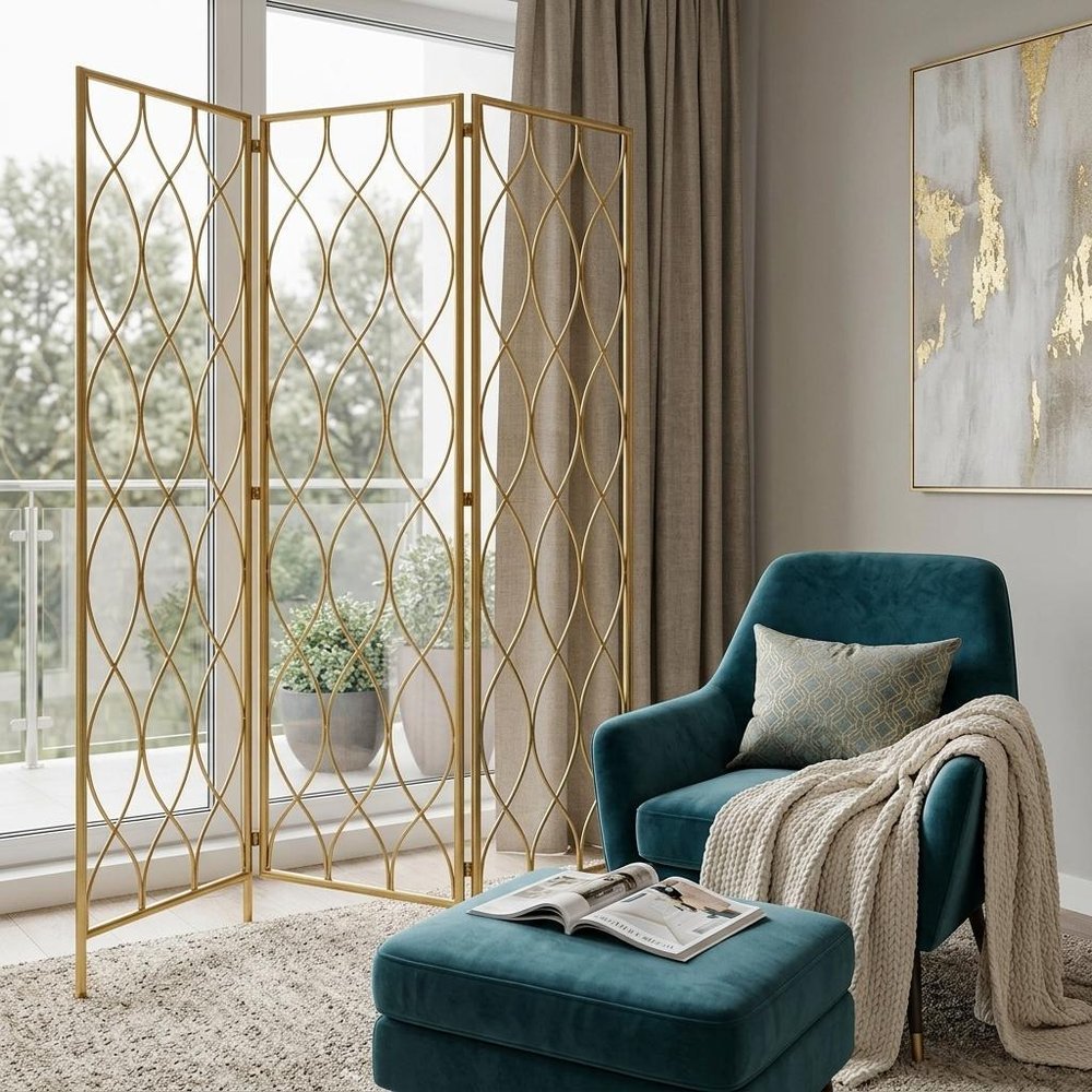 71" Gold Iron Folding Three Panel Screen Room Divider HomeRoots