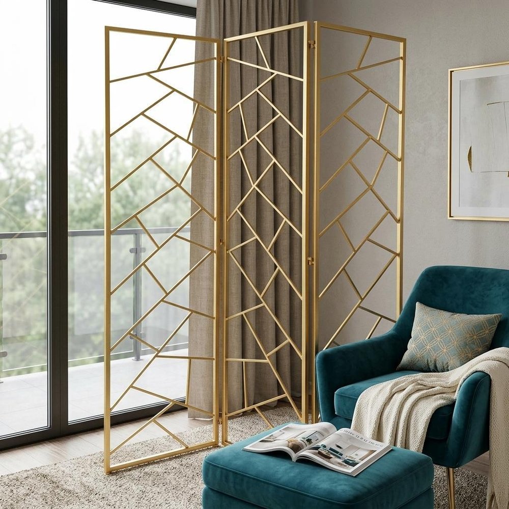 71" Gold IronFolding Three Panel Screen Room Divider HomeRoots