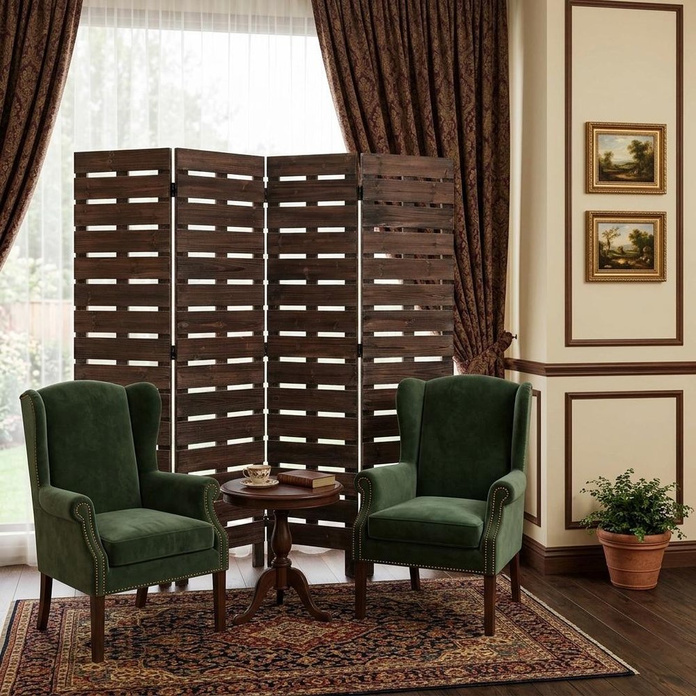 72" Brown Folding Four Panel Screen Room Divider HomeRoots