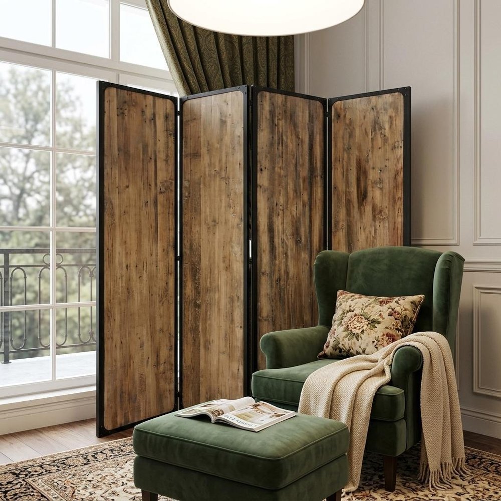 84" Brown Solid Wood Folding Four Panel Screen Room Divider HomeRoots