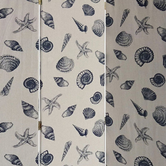71" Blue and Beige Fabric Folding Three Panel Screen Room Divider HomeRoots