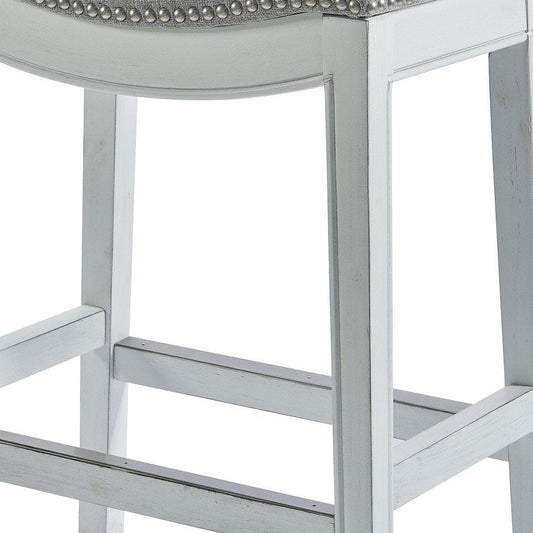 31" Light Gray And White Fabric And Solid Wood Backless Bar Height Bar Chair HomeRoots