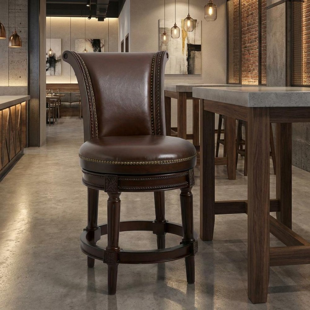 25" Dark Brown Faux Leather And Solid Wood Counter Height Swivel Bar Chair