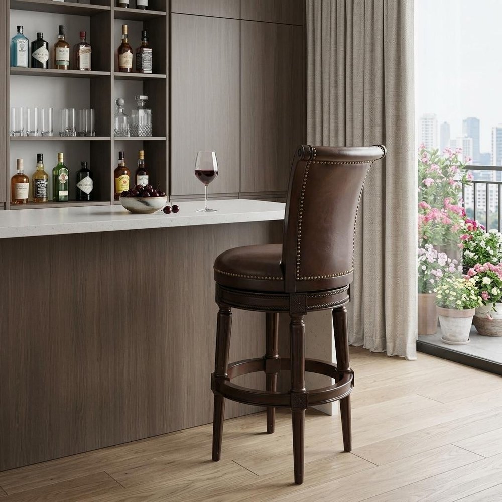 25" Walnut And Dark Brown Faux Leather And Solid Wood Bar Height Swivel Bar Chair HomeRoots