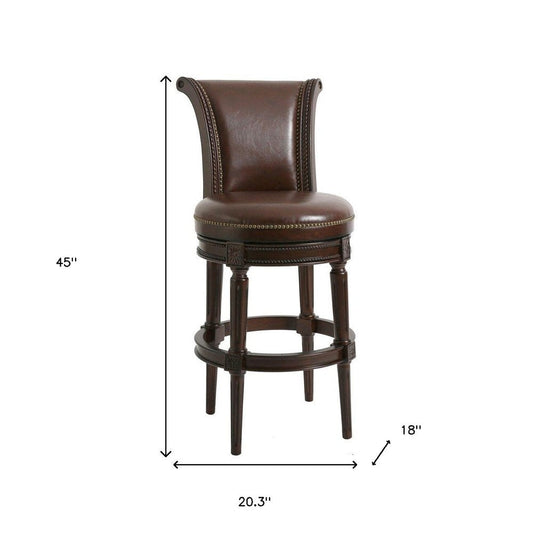 25" Walnut And Dark Brown Faux Leather And Solid Wood Bar Height Swivel Bar Chair HomeRoots