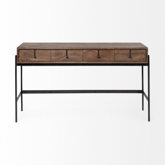 56" Brown and Black Solid Wood and Metal Distressed Console Table With Four Drawers HomeRoots