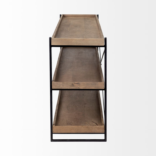 80" Light Brown and Black Solid Wood and Iron Console Table With Two Shelves HomeRoots