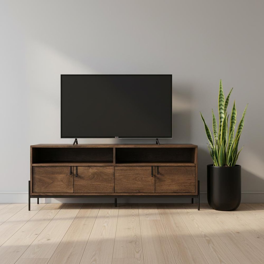 62" Brown and Black Solid Wood Cabinet Enclosed Storage TV Stand HomeRoots