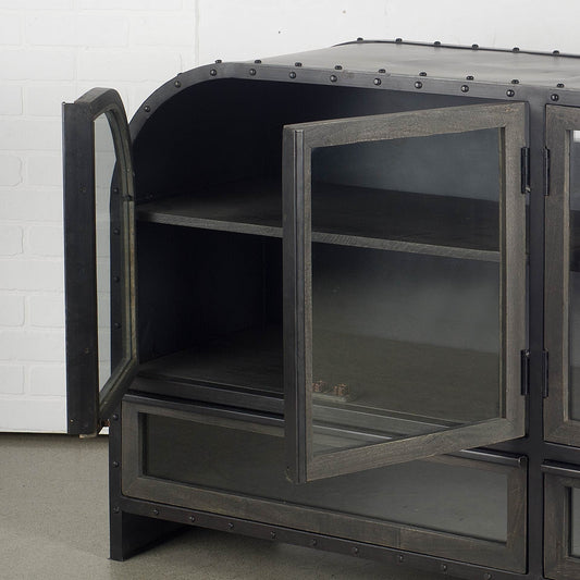 62" Dark Brown Iron Two Drawer Sideboard with Four Glass Doors HomeRoots