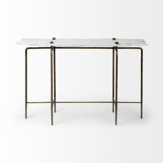 49" White and Brass Genuine Marble and Iron Distressed Six Leg Console Table