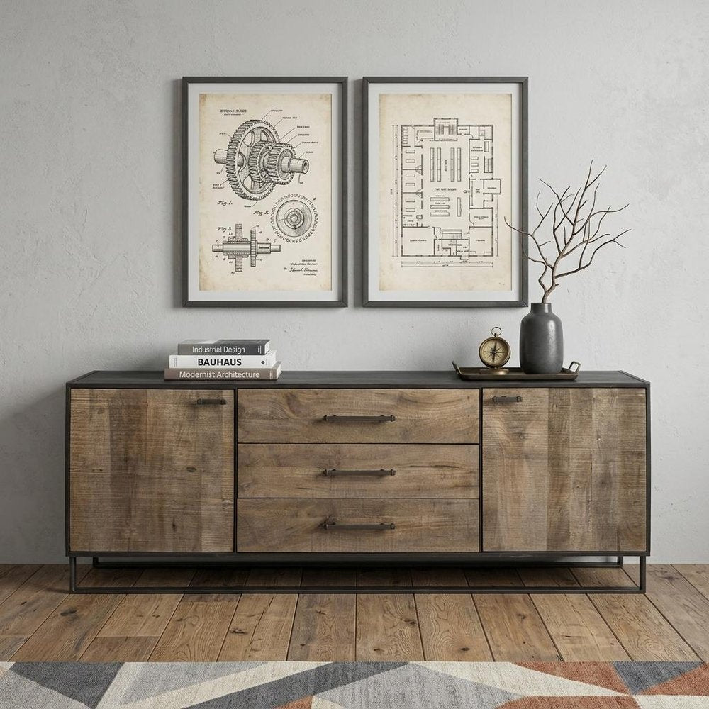 82" Brown and Black Solid Wood Three Drawer Sideboard with Two Doors HomeRoots
