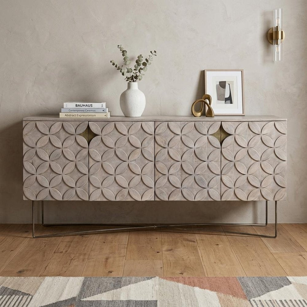 72" Light Brown Solid Wood Sideboard with Four Doors HomeRoots