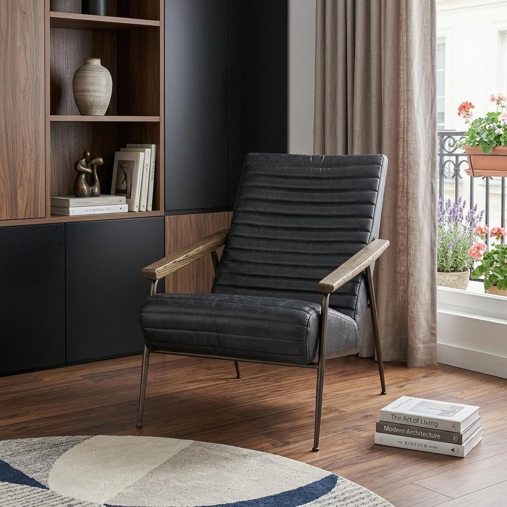 37" Black And Brown Faux Leather Lounge Chair
