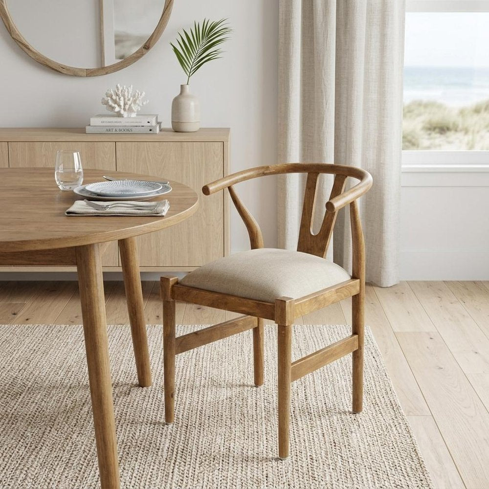 Beige And Brown Upholstered Fabric Wishbone Back HomeRoots