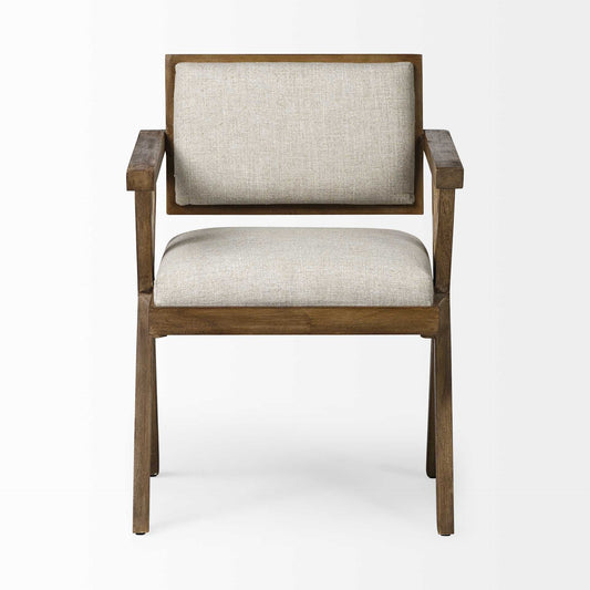 Cream And Brown Upholstered Fabric Open Back Dining Arm Chair HomeRoots