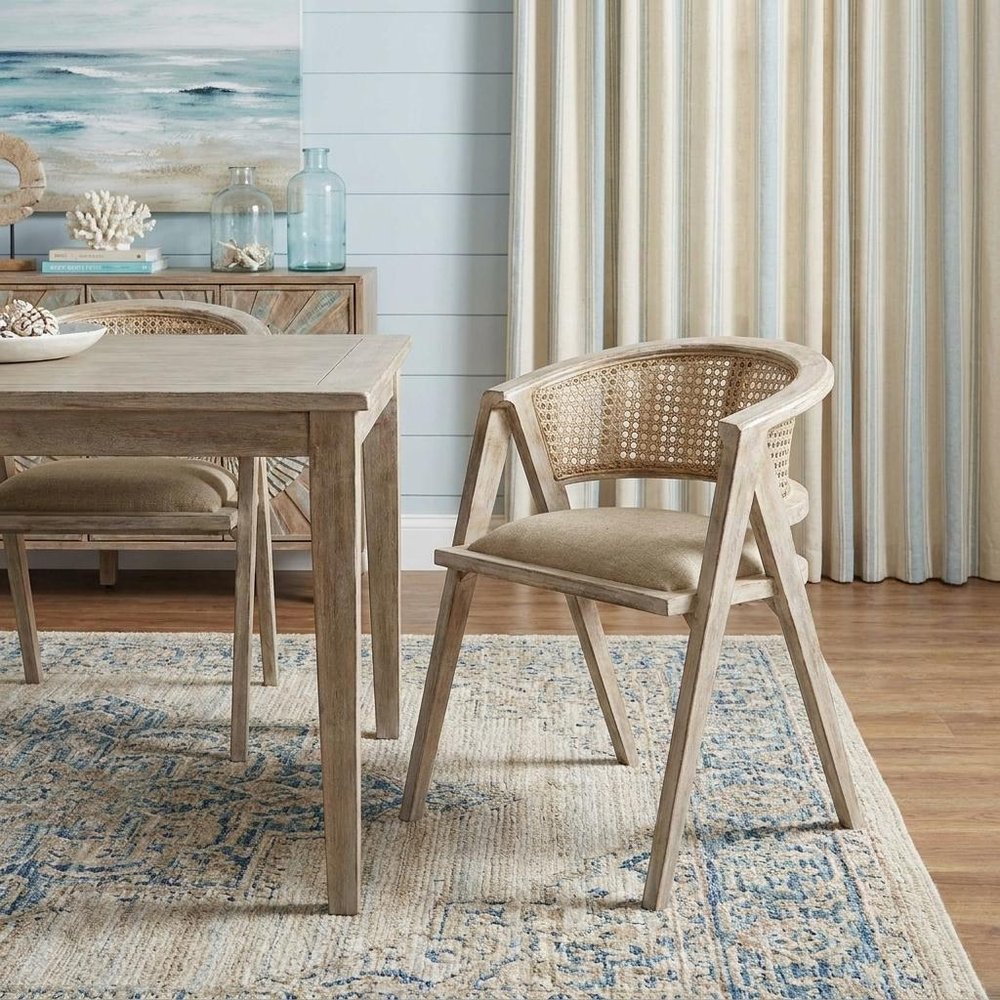 Beige And Gray Upholstered Linen Curved Back Dining Arm Chair HomeRoots