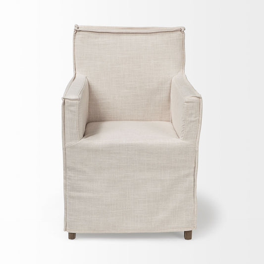 Cream and Brown Slipcovered Upholstered Fabric Dining Arm Chair HomeRoots