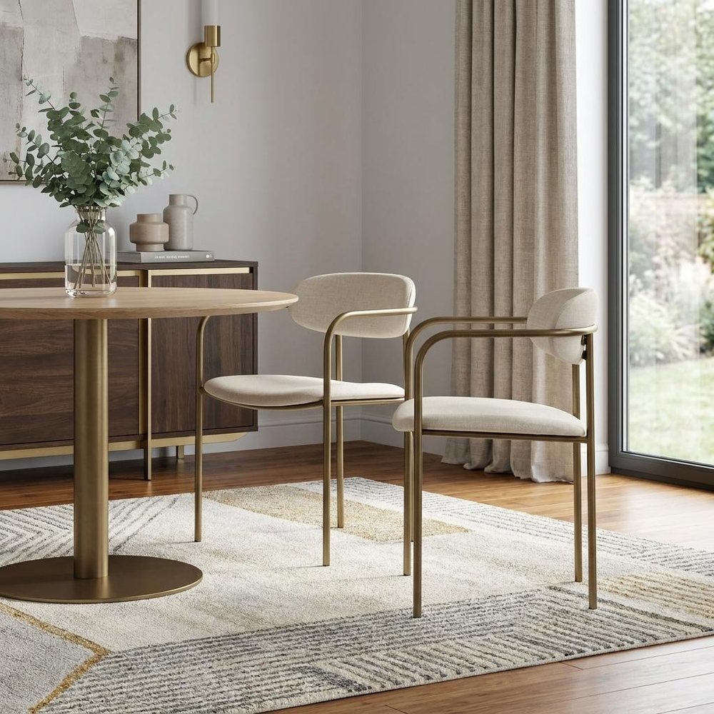 Set of Two Cream and Gold Fabric Open Back Dining Arm Chairs HomeRoots