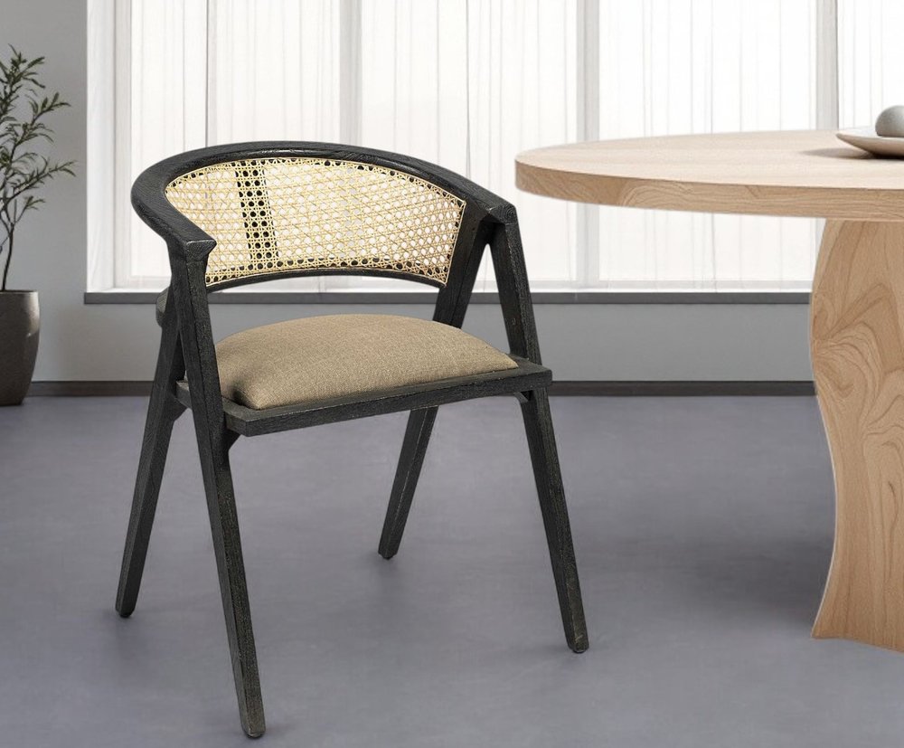 Gray And Black Upholstered Linen Open Back Dining Arm Chair HomeRoots