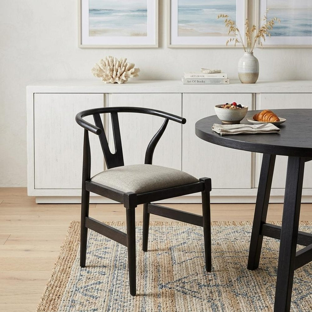 Beige And Black Upholstered Linen Wishbone Back Dining Side Chair HomeRoots