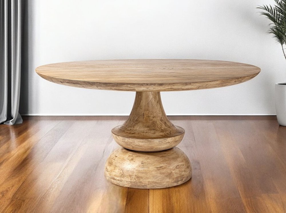60" Natural Rounded Solid Wood Pedestal Base Dining Table HomeRoots