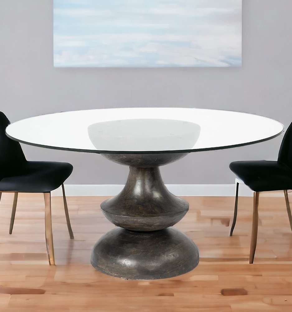 60" Clear And Brown Rounded Glass And Solid Manufactured Wood Pedestal Base Dining Table HomeRoots
