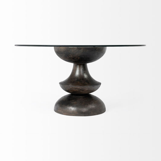 60" Clear And Brown Rounded Glass And Solid Manufactured Wood Pedestal Base Dining Table HomeRoots