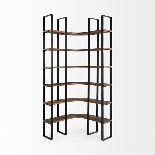 90" Black And Brown Iron and Wood Six Tier Bookcase HomeRoots