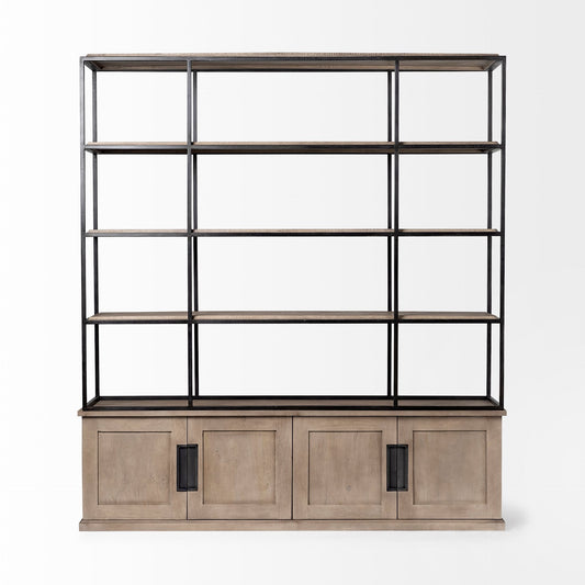 90" Brown Iron and Wood Three Tier Bookcase