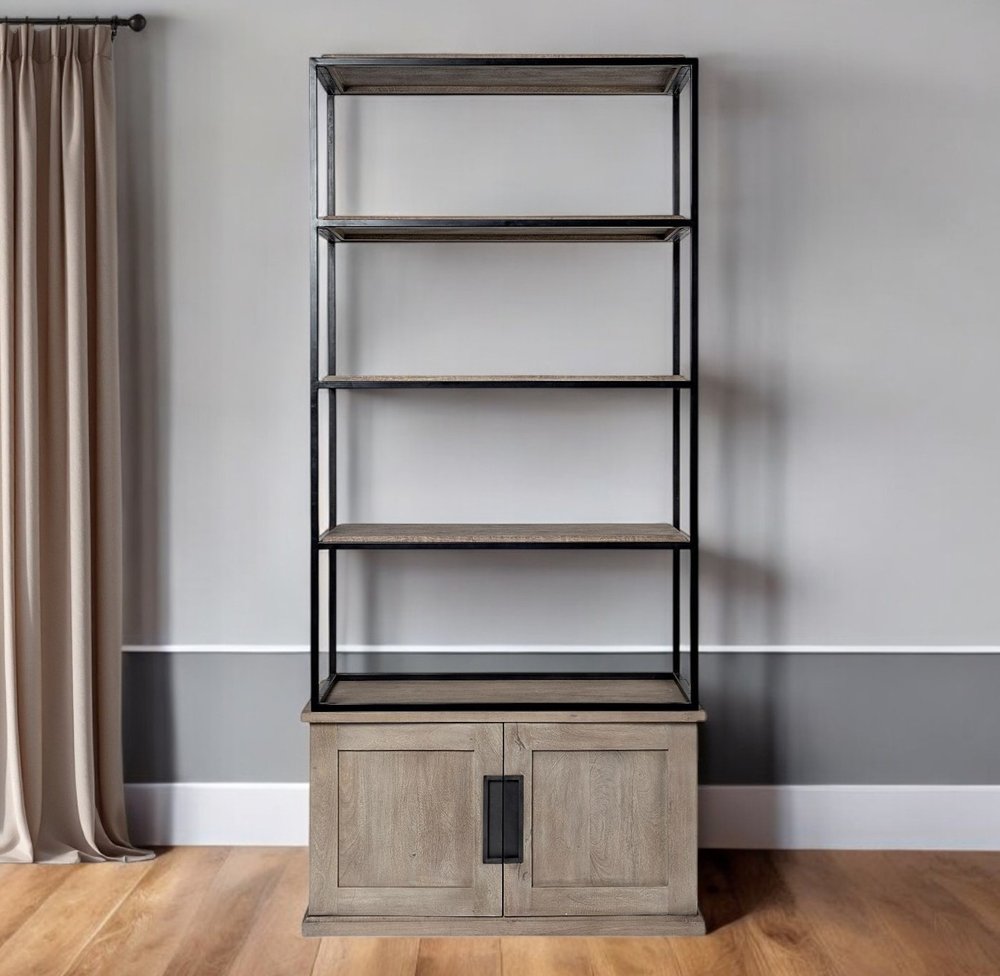 90" Brown Iron and Wood Three Tier Bookcase HomeRoots