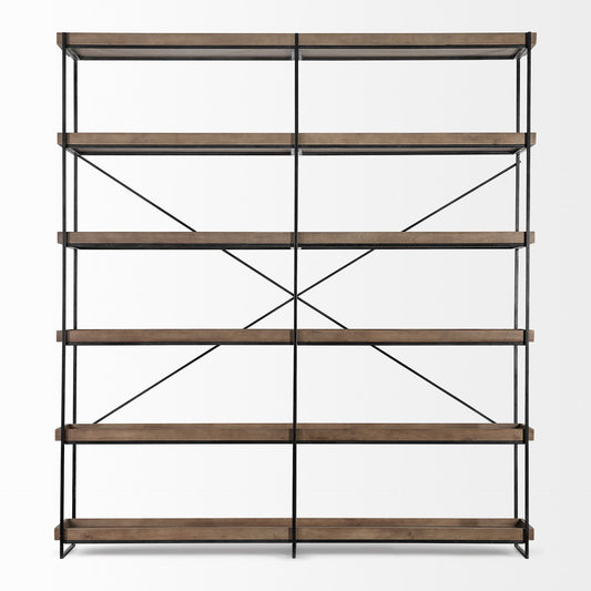 88" Black And Brown Iron and Wood Five Tier Bookcase HomeRoots