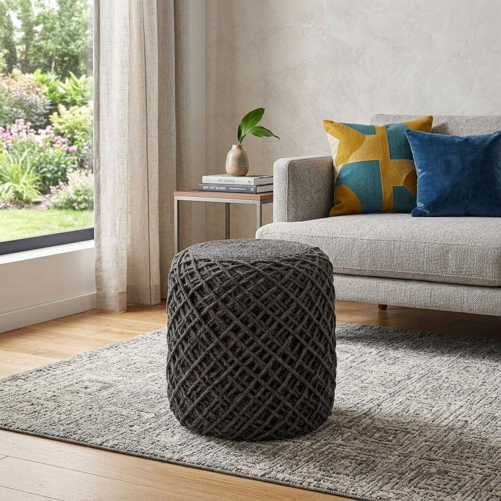 16" Gray Upholstery Cylinder Abstract Pouf Ottoman HomeRoots