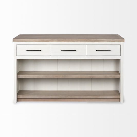 White And Brown Two Tone Wooden Kitchen Island With 3 Drawers