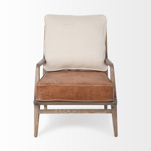 24" Beige and Brown Leather Arm Chair