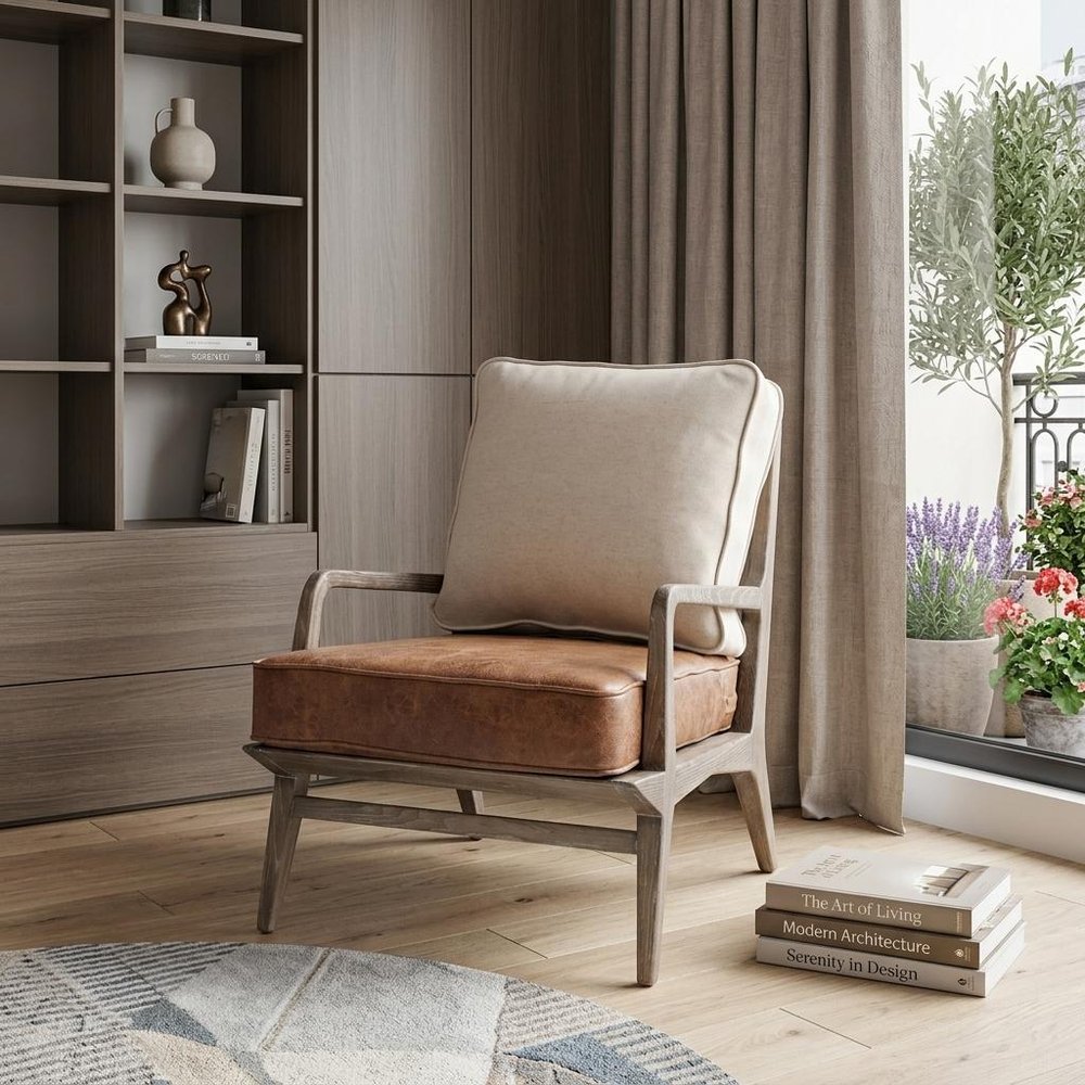 24" Beige and Brown Leather Arm Chair HomeRoots