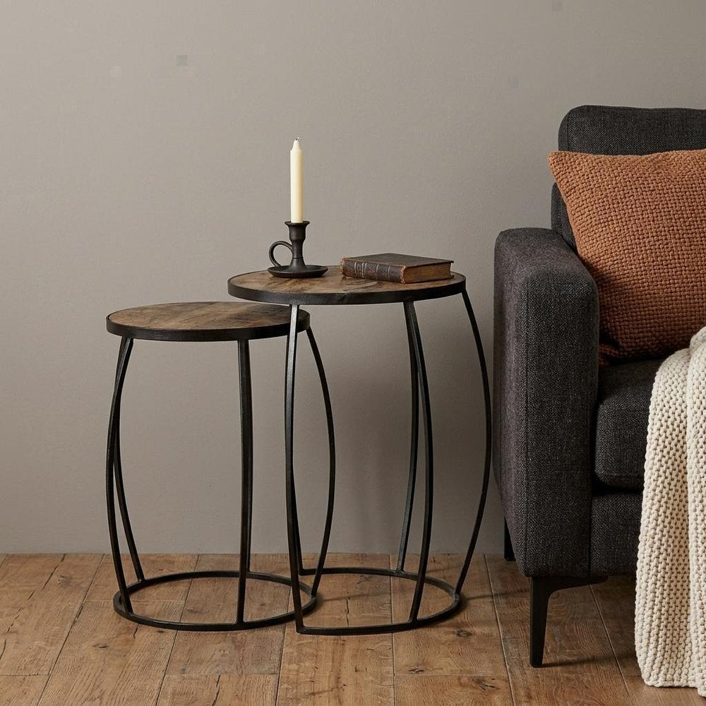Set of Two 26" Black And Brown Solid Wood Round End Table HomeRoots