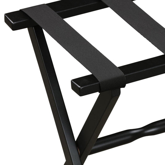 Hotel Black Finish Wood Folding Luggage Rack With Black Straps HomeRoots
