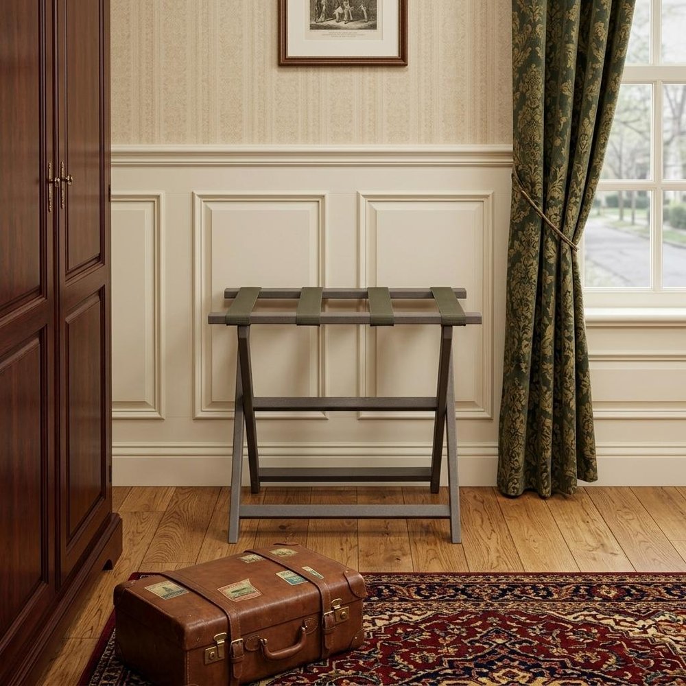 Earth Friendly Taupe Folding Luggage Rack With Dark Tan Straps HomeRoots