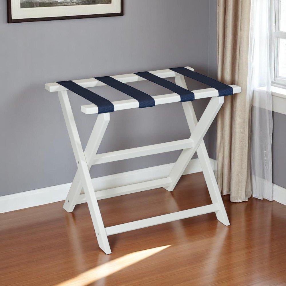 Earth Friendly White Folding Luggage Rack With Navy Straps HomeRoots